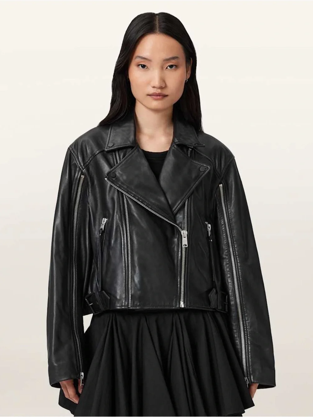 All Saints Masone Leather Zip Open Sleeve Moto Asymmetrical Jacket Medium $649 - Picture 5 of 9